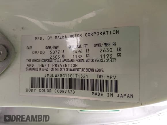 ✅ 2001 Mazda MPV DX • VIN: JM3LW28G110171521 • Лот: 42605107. Опубликован ранее на IAAI с пробегом 225 655 миль. Бесплатный доступ к архиву аукционных продаж из США и подробный отчёт об истории автомобиля на DreamBid. Изображение 9.