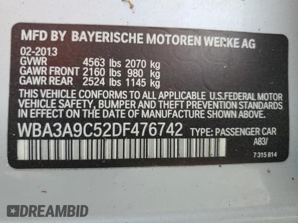 ✅ 2013 BMW 3 Series 335i • VIN: WBA3A9C52DF476742 • Лот: 75114274. Опубликован ранее на Copart с пробегом Не указан. Бесплатный доступ к архиву аукционных продаж из США и подробный отчёт об истории автомобиля на DreamBid. Изображение 13.