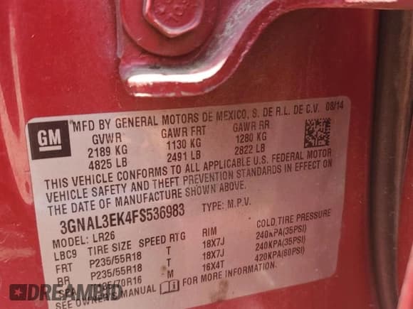 ✅ 2015 Chevrolet Captiva Sport LT • VIN: 3GNAL3EK4FS536983 • Lot: 56049565. Wystawiony na Copart z przebiegiem Nie podano. Bezpłatny archiwum sprzedaży aukcyjnych z USA i szczegółowy raport historii pojazdu na DreamBid. Zdjęcie 12.