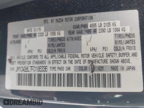 ✅ 2015 Mazda 5 Sport • VIN: JM1CW2BL7F0186336 • Lot: 42509199. Listed on IAAI with 161,586 mi. Free auction sales archive from the USA and detailed vehicle history report at DreamBid. Image 9.