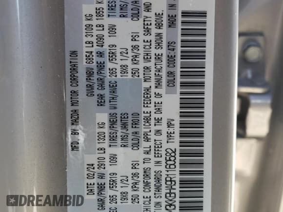 ✅ 2024 Mazda CX-90 Preferred • VIN: JM3KKBHA9R1160582 • Lot: 71732575. Wystawiony na Copart z przebiegiem 15 265 mil. Bezpłatny archiwum sprzedaży aukcyjnych z USA i szczegółowy raport historii pojazdu na DreamBid. Zdjęcie 13.