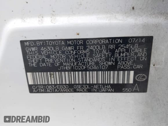 ✅ 2015 Lexus IS 250 • VIN: JTHBF1D20F5046107 • Lot: 43557330. Listed on IAAI with 94,449 mi. Free auction sales archive from the USA and detailed vehicle history report at DreamBid. Image 9.