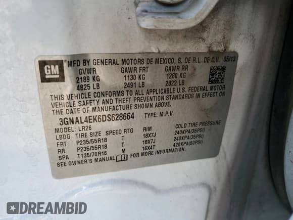 2013 Chevrolet Captiva Sport LTZ with VIN 3GNAL4EK6DS628664, listed as a Copart auction lot 79576884 with 115,634 mi miles and Clean title. Bid and sale history available at DreamBid. Image 13.