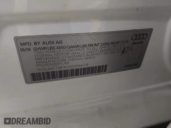 ✅ 2007 Audi A4 2.0T • VIN: WAUAF78EX7A099679 • Lot: 43626683. Wystawiony na IAAI z przebiegiem 148 934 mil. Bezpłatny archiwum sprzedaży aukcyjnych z USA i szczegółowy raport historii pojazdu na DreamBid. Zdjęcie 9.