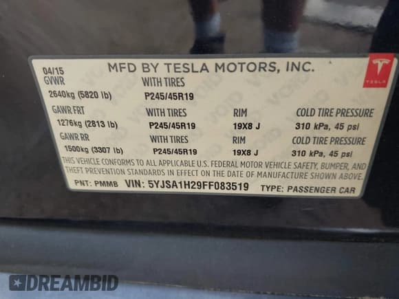 ✅ 2015 Tesla Model S 85D • VIN: 5YJSA1H29FF083519 • Лот: 43092231. Опубликован ранее на IAAI с пробегом 144 750 миль. Бесплатный доступ к архиву аукционных продаж из США и подробный отчёт об истории автомобиля на DreamBid. Изображение 9.