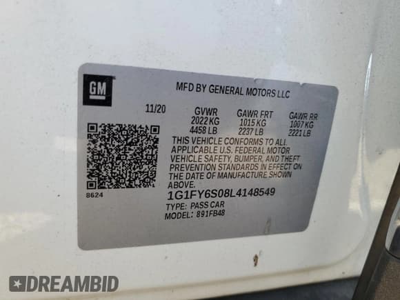 ✅ 2020 Chevrolet Bolt EV LT • VIN: 1G1FY6S08L4148549 • Lot: 72726444. Listed on Copart with 23,157 mi. Free auction sales archive from the USA and detailed vehicle history report at DreamBid. Image 12.