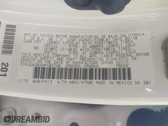 ✅ 2010 Toyota Tacoma PreRunner • VIN: 3TMJU4GNXAM103720 • Lot: 42994037. Listed on IAAI with 214,592 mi. Free auction sales archive from the USA and detailed vehicle history report at DreamBid. Image 8.