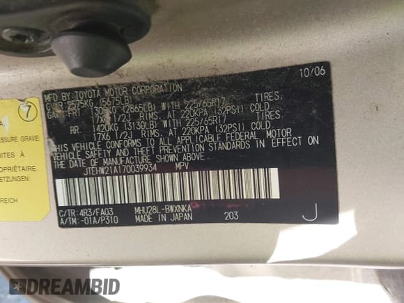 ✅ 2007 Toyota Highlander • VIN: JTEHW21A170039934 • Lot: 43797002. Wystawiony na IAAI z przebiegiem 225 514 mil. Bezpłatny archiwum sprzedaży aukcyjnych z USA i szczegółowy raport historii pojazdu na DreamBid. Zdjęcie 9.