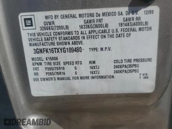 ✅ 2000 Chevrolet Suburban LS • VIN: 3GNFK16TXYG109480 • Лот: 52797825. Опубликован ранее на Copart с пробегом Не указан. Бесплатный доступ к архиву аукционных продаж из США и подробный отчёт об истории автомобиля на DreamBid. Изображение 15.