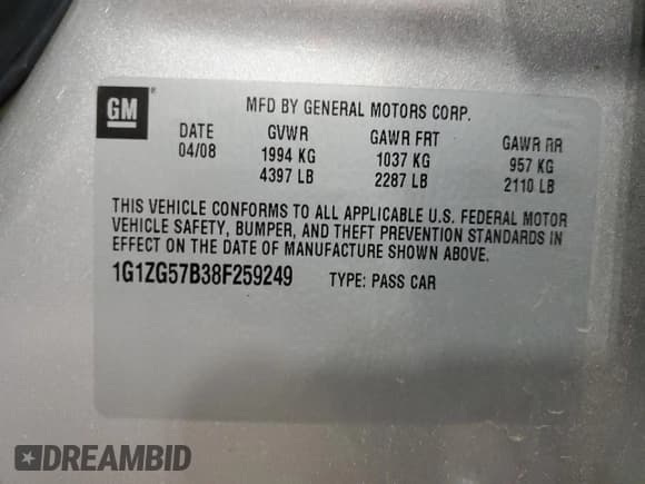 ✅ 2008 Chevrolet Malibu 1FL • VIN: 1G1ZG57B38F259249 • Lot: 69378834. Listed on Copart with 114,831 mi. Free auction sales archive from the USA and detailed vehicle history report at DreamBid. Image 14.