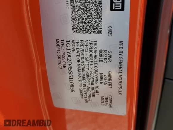2025 Chevrolet Corvette 1LT with VIN 1G1YA2D45S5110856, listed as a Copart auction lot 84422115 with Not provided miles and Salvage title. Bid and sale history available at DreamBid. Image 12.