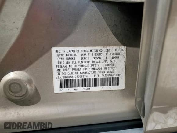 2007 Honda Accord VP with VIN JHMCM56137C018157, listed as a Copart auction lot 84874535 with 62,535 mi miles and Salvage title. Bid and sale history available at DreamBid. Image 12.