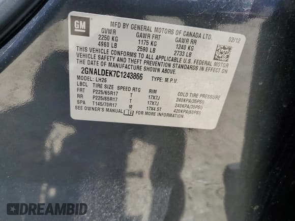 ✅ 2012 Chevrolet Equinox 1LT • VIN: 2GNALDEK7C1243866 • Лот: 59629644. Опубликован ранее на Copart с пробегом 168 998 миль. Бесплатный доступ к архиву аукционных продаж из США и подробный отчёт об истории автомобиля на DreamBid. Изображение 12.