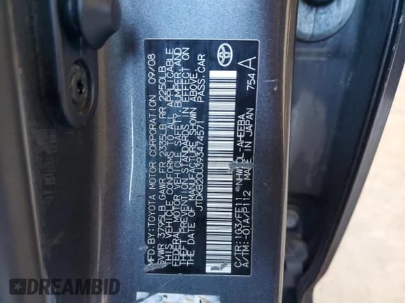 ✅ 2009 Toyota Prius • VIN: JTDKB20U393474571 • Lot: 90396865. Listed on Copart with Not provided. Free auction sales archive from the USA and detailed vehicle history report at DreamBid. Image 12.