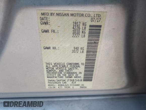 ✅ 2017 Nissan Altima SR • VIN: 1N4AL3AP5HC298568 • Lot: 43739495. Listed on IAAI with 129,065 mi. Free auction sales archive from the USA and detailed vehicle history report at DreamBid. Image 9.