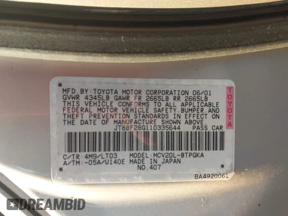 ✅ 2001 Lexus ES 300 • VIN: JT8BF28G110335644 • Lot: 43638293. Listed on IAAI with 124,923 mi. Free auction sales archive from the USA and detailed vehicle history report at DreamBid. Image 9.