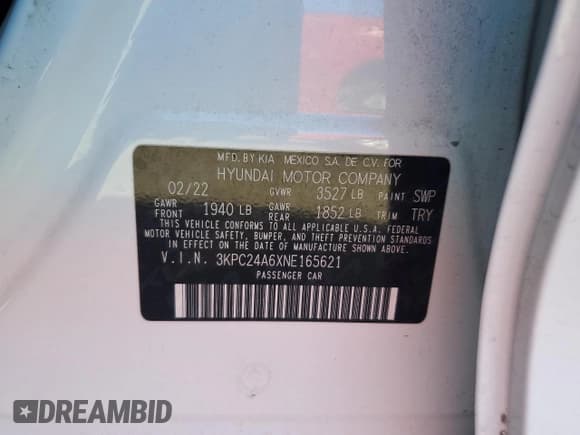 ✅ 2022 Hyundai Accent SE • VIN: 3KPC24A6XNE165621 • Лот: 87851115. Опубликован ранее на Copart с пробегом 33 910 миль. Бесплатный доступ к архиву аукционных продаж из США и подробный отчёт об истории автомобиля на DreamBid. Изображение 12.