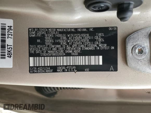 ✅ 2008 Toyota Tundra Limited • VIN: 5TBDV58198S520034 • Lot: 85902275. Listed on Copart with Not provided. Free auction sales archive from the USA and detailed vehicle history report at DreamBid. Image 12.