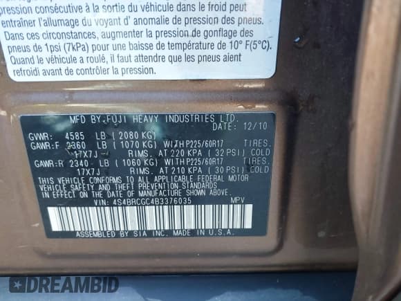 ✅ 2011 Subaru Outback Premium • VIN: 4S4BRCGC4B3376035 • Lot: 43713714. Listed on IAAI with 158,252 mi. Free auction sales archive from the USA and detailed vehicle history report at DreamBid. Image 9.