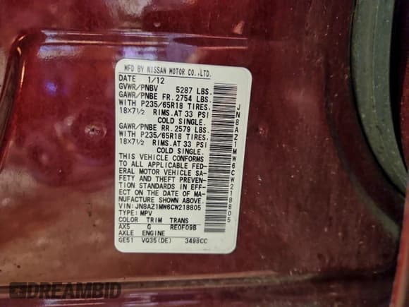 ✅ 2012 Nissan Murano LE • VIN: JN8AZ1MW6CW218805 • Lot: 94558445. Wystawiony na Copart z przebiegiem 145 254 mil. Bezpłatny archiwum sprzedaży aukcyjnych z USA i szczegółowy raport historii pojazdu na DreamBid. Zdjęcie 12.