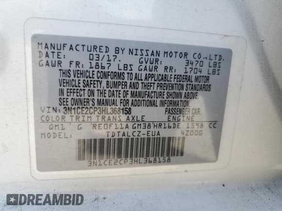 ✅ 2017 Nissan Note SV • VIN: 3N1CE2CP3HL368158 • Lot: 51853215. Listed on Copart with 76,278 mi. Free auction sales archive from the USA and detailed vehicle history report at DreamBid. Image 12.