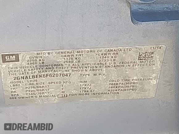 2015 Chevrolet Equinox LT с VIN 2GNALBEK6F6207047, выставлен на аукционе IAAI как лот 42688537 с пробегом 152 697 миль миль и . История ставок и продаж доступна на DreamBid. Изображение 9.