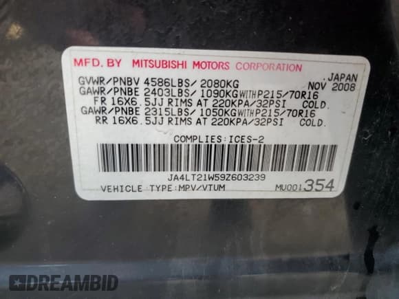 ✅ 2009 Mitsubishi Outlander ES • VIN: JA4LT21W59Z603239 • Lot: 68454275. Listed on Copart with 135,195 mi. Free auction sales archive from the USA and detailed vehicle history report at DreamBid. Image 13.
