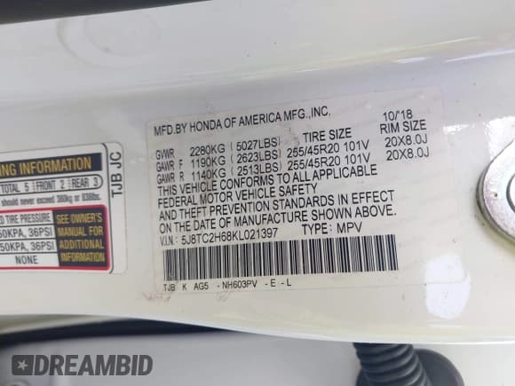 ✅ 2019 Acura RDX w/A-Spec Pkg • VIN: 5J8TC2H68KL021397 • Lot: 42822273. Listed on IAAI with 74,309 mi. Free auction sales archive from the USA and detailed vehicle history report at DreamBid. Image 9.