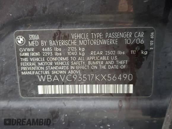 2007 BMW 3 Series 328xi с VIN WBAVC93517KX56490, выставлен на аукционе Copart как лот 90311655 с пробегом 163 908 миль миль и Списание • Salvage title. История ставок и продаж доступна на DreamBid. Изображение 12.