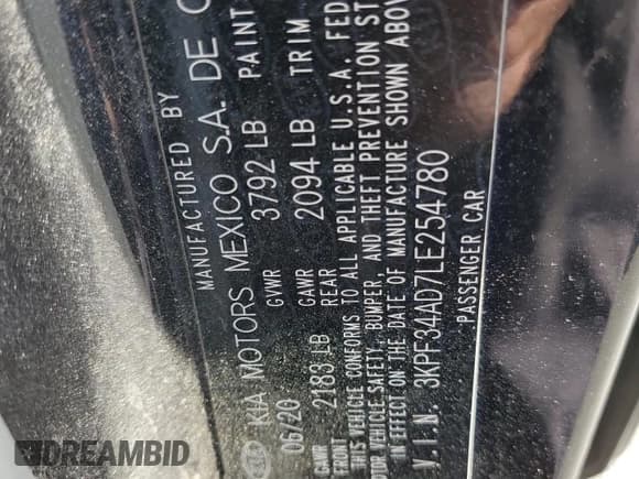 ✅ 2020 Kia Forte GT-Line • VIN: 3KPF34AD7LE254780 • Lot: 89431365. Listed on Copart with 67,423 mi. Free auction sales archive from the USA and detailed vehicle history report at DreamBid. Image 12.