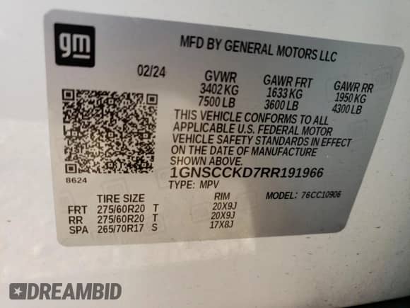 2024 Chevrolet Suburban LT z VIN 1GNSCCKD7RR191966, wystawiony jako Copart lot #69466314 z przebiegiem 7 066 mil mil oraz Szkoda całkowita • Salvage title. Historia ofert i sprzedaży dostępna na DreamBid. Obrazek 14.