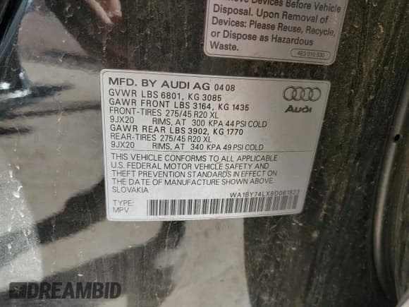 ✅ 2008 Audi Q7 Premium • VIN: WA1BY74LX8D061823 • Lot: 87478505. Listed on Copart with 236,883 mi. Free auction sales archive from the USA and detailed vehicle history report at DreamBid. Image 14.