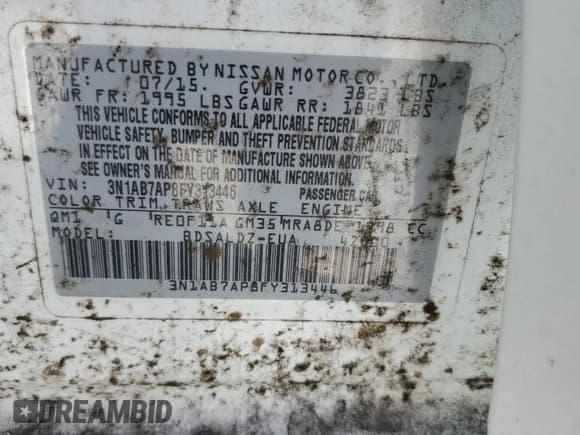 ✅ 2015 Nissan Sentra SV • VIN: 3N1AB7AP8FY313446 • Lot: 69271015. Listed on Copart with 130,945 mi. Free auction sales archive from the USA and detailed vehicle history report at DreamBid. Image 12.