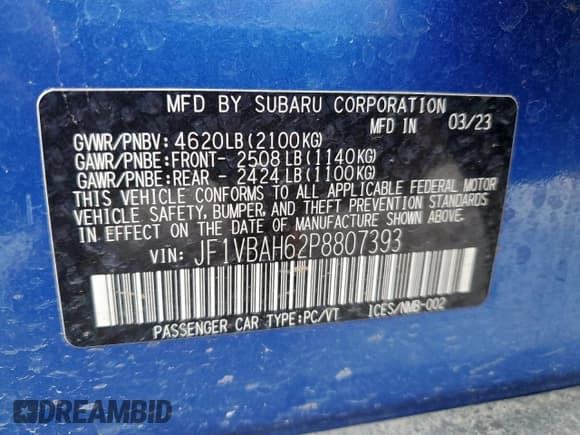 ✅ 2023 Subaru WRX Premium • VIN: JF1VBAH62P8807393 • Lot: 58950245. Listed on Copart with 20,639 mi. Free auction sales archive from the USA and detailed vehicle history report at DreamBid. Image 13.