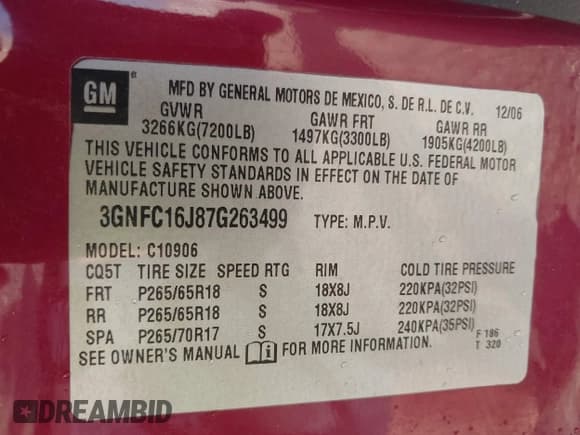 ✅ 2007 Chevrolet Suburban LT • VIN: 3GNFC16J87G263499 • Lot: 43705975. Listed on IAAI with Not provided. Free auction sales archive from the USA and detailed vehicle history report at DreamBid. Image 9.