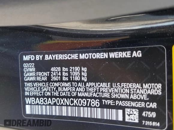 ✅ 2022 BMW 4 Series M440i • VIN: WBA83AP0XNCK09786 • Lot: 61930804. Listed on Copart with 20,601 mi. Free auction sales archive from the USA and detailed vehicle history report at DreamBid. Image 15.