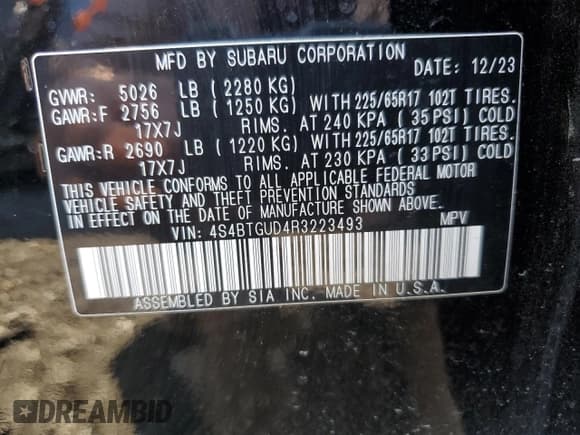 ✅ 2024 Subaru Outback Wilderness • VIN: 4S4BTGUD4R3223493 • Lot: 70675914. Listed on Copart with Not provided. Free auction sales archive from the USA and detailed vehicle history report at DreamBid. Image 12.