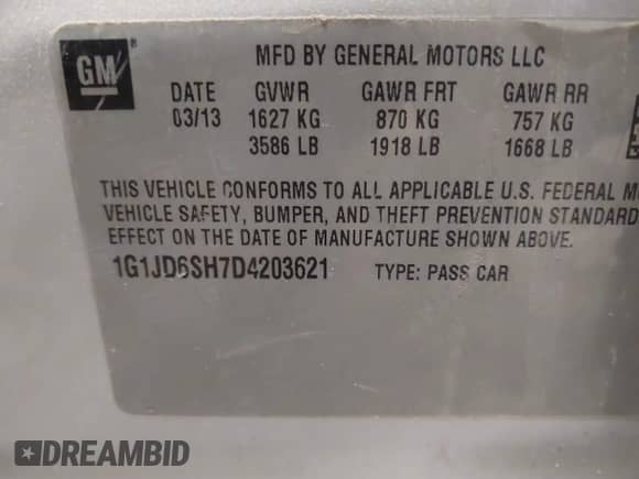 2013 Chevrolet Sonic LT with VIN 1G1JD6SH7D4203621, listed as a IAAI auction lot 41546319 with 201,164 mi miles and . Bid and sale history available at DreamBid. Image 9.