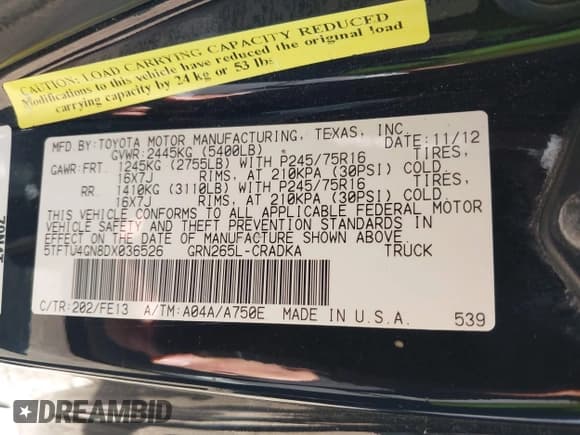 ✅ 2013 Toyota Tacoma PreRunner • VIN: 5TFTU4GN8DX036526 • Лот: 43621266. Опубликован ранее на IAAI с пробегом 236 810 миль. Бесплатный доступ к архиву аукционных продаж из США и подробный отчёт об истории автомобиля на DreamBid. Изображение 9.