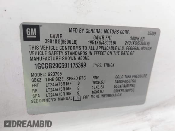 ✅ 2009 Chevrolet Express Cargo • VIN: 1GCGG29C591175399 • Lot: 41753488. Listed on IAAI with 216,988 mi. Free auction sales archive from the USA and detailed vehicle history report at DreamBid. Image 9.