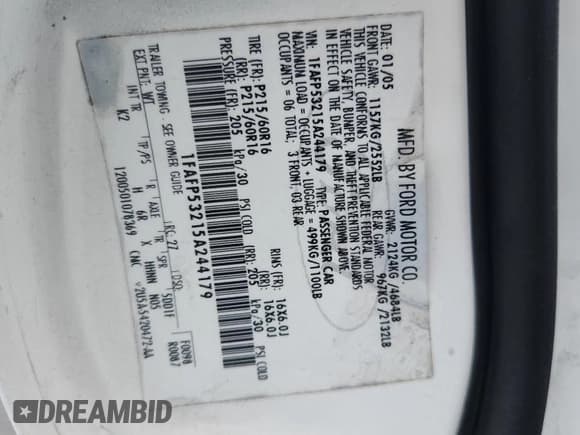 ✅ 2005 Ford Taurus SE • VIN: 1FAFP53215A244179 • Lot: 82070545. Listed on Copart with 105,426 mi. Free auction sales archive from the USA and detailed vehicle history report at DreamBid. Image 12.