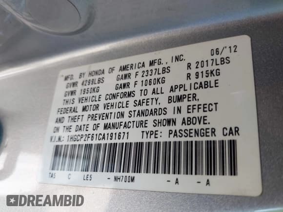 ✅ 2012 Honda Accord SE • VIN: 1HGCP2F61CA191671 • Lot: 43595968. Listed on IAAI with 136,132 mi. Free auction sales archive from the USA and detailed vehicle history report at DreamBid. Image 9.