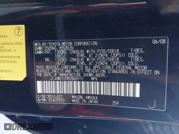 ✅ 2008 Lexus RX 400h • VIN: JTJHW31U982863915 • Лот: 43664575. Опубликован ранее на IAAI с пробегом 190 516 миль. Бесплатный доступ к архиву аукционных продаж из США и подробный отчёт об истории автомобиля на DreamBid. Изображение 9.