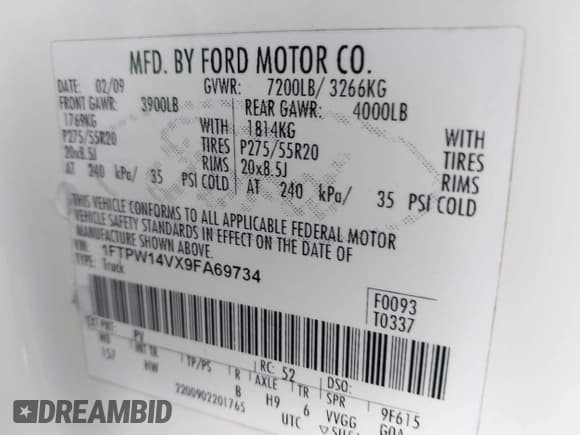 ✅ 2009 Ford F-150 XL • VIN: 1FTPW14VX9FA69734 • Lot: 42572703. Listed on IAAI with 166,615 mi. Free auction sales archive from the USA and detailed vehicle history report at DreamBid. Image 9.