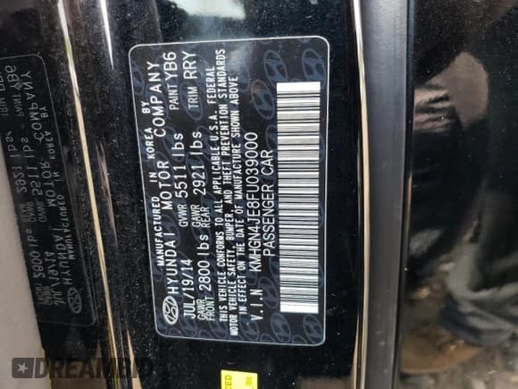 ✅ 2015 Hyundai Genesis 3.8L • VIN: KMHGN4JE8FU039000 • Lot: 65635373. Wystawiony na Copart z przebiegiem 111 324 mil. Bezpłatny archiwum sprzedaży aukcyjnych z USA i szczegółowy raport historii pojazdu na DreamBid. Zdjęcie 12.