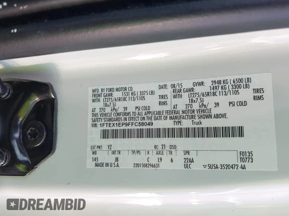 ✅ 2015 Ford F-150 XLT • VIN: 1FTEX1EP9FFC58049 • Lot: 42865354. Listed on IAAI with 98,135 mi. Free auction sales archive from the USA and detailed vehicle history report at DreamBid. Image 9.