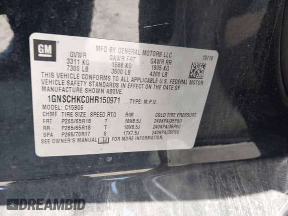 2017 Chevrolet Suburban LT z VIN 1GNSCHKC0HR150971, wystawiony jako IAAI lot #42064455 z przebiegiem 77 143 mil mil oraz . Historia ofert i sprzedaży dostępna na DreamBid. Obrazek 9.