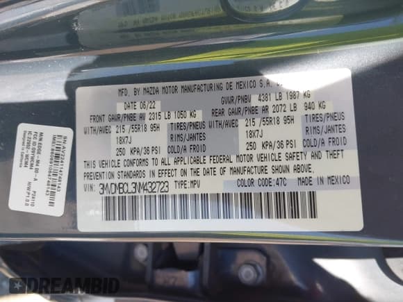 ✅ 2022 Mazda CX-30 S Carbon Edition • VIN: 3MVDMBCL3NM432723 • Lot: 43591586. Listed on IAAI with Not provided. Free auction sales archive from the USA and detailed vehicle history report at DreamBid. Image 9.