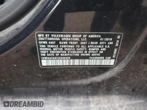 ✅ 2018 Volkswagen Passat S • VIN: 1VWAA7A37JC020438 • Lot: 86703875. Listed on Copart with 113,689 mi. Free auction sales archive from the USA and detailed vehicle history report at DreamBid. Image 12.