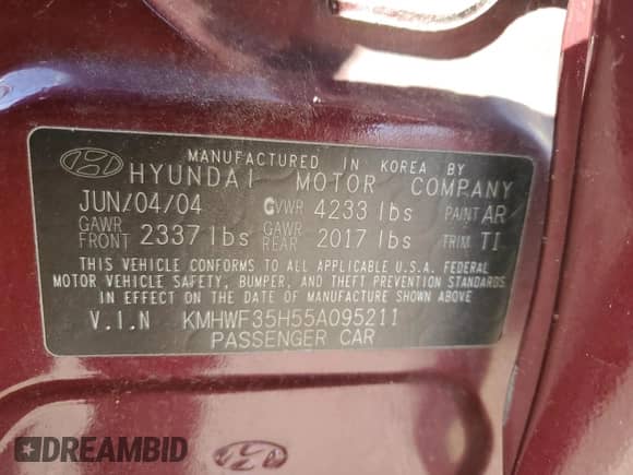 2005 Hyundai Sonata GLS with VIN KMHWF35H55A095211, listed as a Copart auction lot 91456825 with 54,500 mi miles and Salvage title. Bid and sale history available at DreamBid. Image 12.